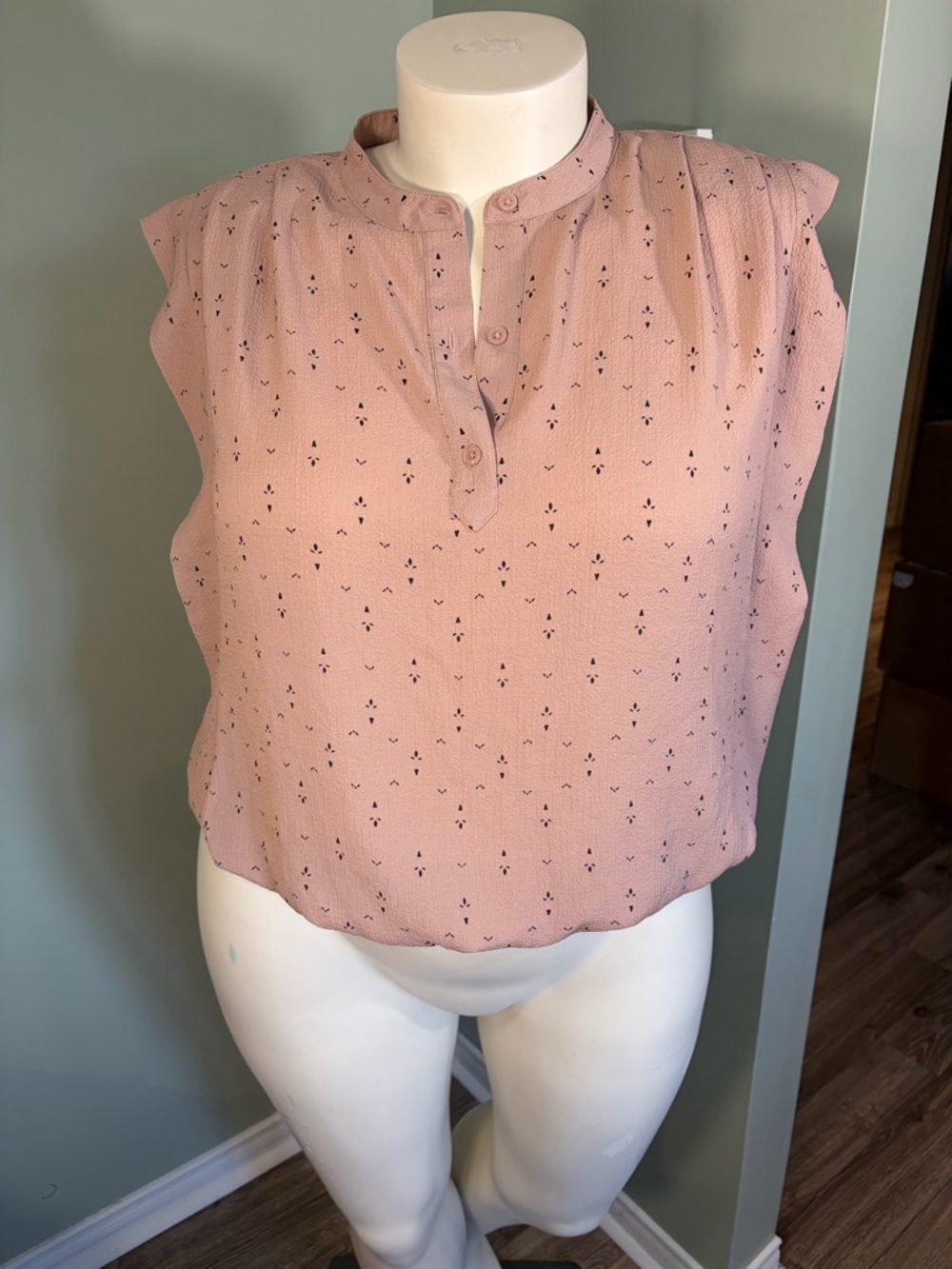 75. Reitmans Sleeveless Pink Print Split-Neck Blouse with epaulette